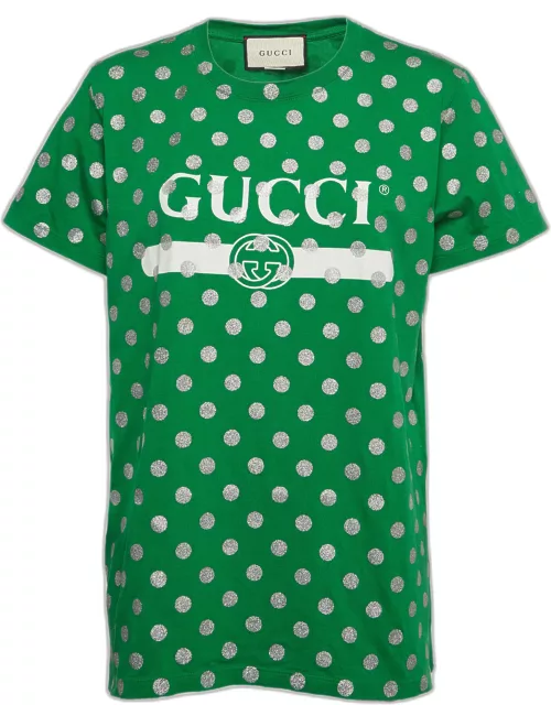 Gucci Green Glitter Polka Dot Logo Print Cotton Crew Neck T-Shirt
