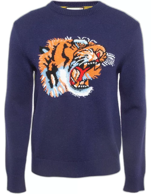 Gucci Navy Blue Tiger Intarsia Wool Knit Contrast Crew Neck Sweater