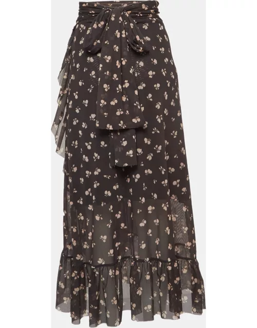 Ganni Grey Floral Print Tilden Mesh Ruffled Wrap Skirt