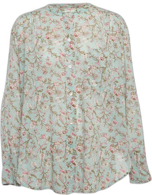 Isabel Marant Etoile Green Floral Print Cotton Band Collar Shirt
