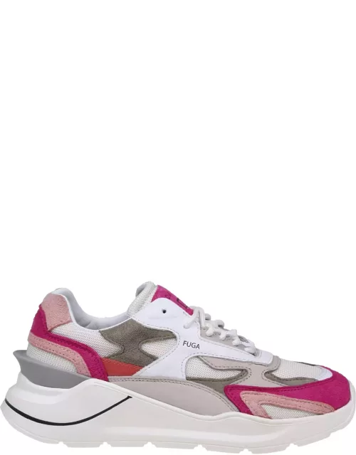 D.A.T.E. Fuga Sneakers In White/fuchsia Leather And Suede