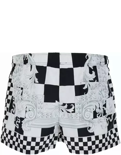 Versace Light Blue And Black Swim Trunks With Nautical Barocco Print In Tech Fabric Man