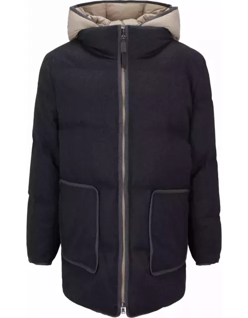 Brunello Cucinelli Long Down Jacket In Soft Wool Padded With Real Goose Down With Detachable Front With Hood.