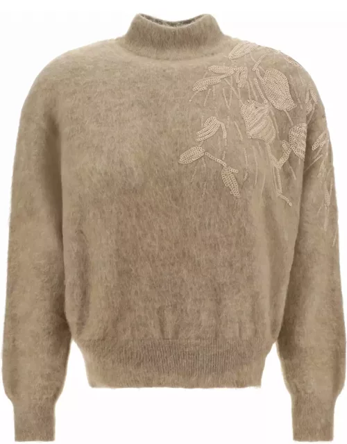 Brunello Cucinelli Long-sleeved Turtleneck Sweater With Special Sequin Appliqu? In Soft Mohair And Wool Yarn