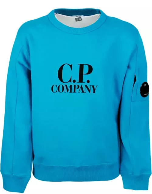 C.P. Company Long-sleeved Crewneck Sweatshirt In Breathable Cotton Fleece With Logo On The Chest And Eyeglass Lens On The Shoulder