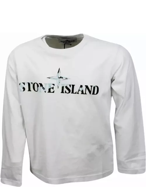 Stone Island T-shirt A Girocollo A Manica Lunga In 100% Cotone Con Logo Sul Petto