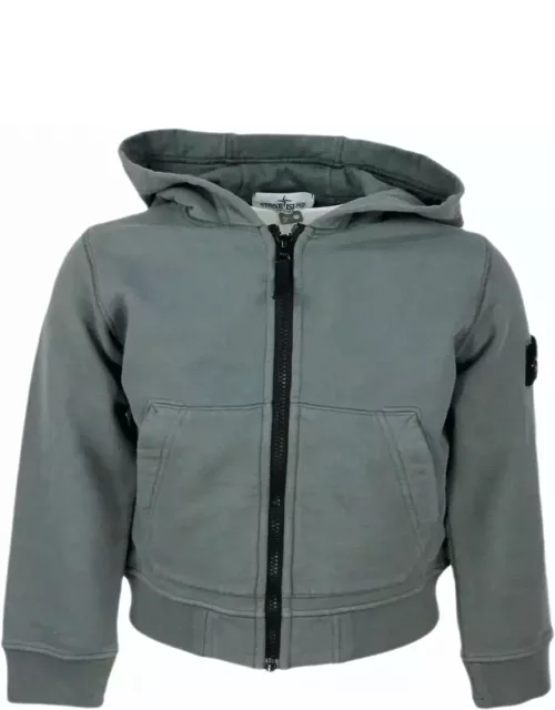 Stone Island Full Zip Hoodie With Long Sleeves In Stretch Cotton With Badge On The Left Sleeve