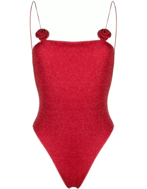 Oseree Roses Maillot Swimsuit In Cherry Lurex