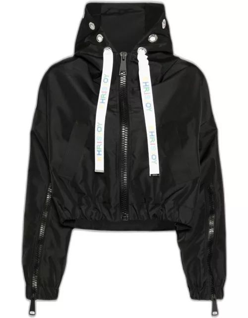 Khrisjoy New Khris Crop Windbreaker Black nylon hooded windproof jacket - New Khris Crop Windbreaker