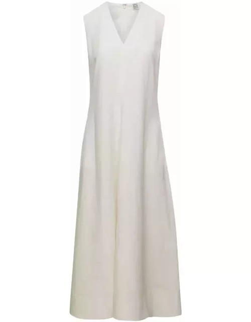 Totême White V-neck Flared Dress In Linen Blend Woman