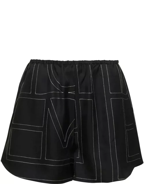 Totême Black Shorts With Geometric Logo Print In Silk Woman