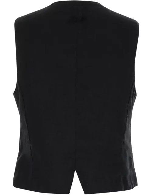 Parosh Black Vest With V Neck And Mother-of-pearls Buttons In Linen Woman
