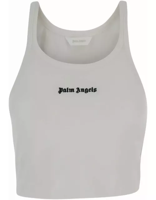 Palm Angels White Cropped Tank Top With Embroidered Logo In Cotton Woman