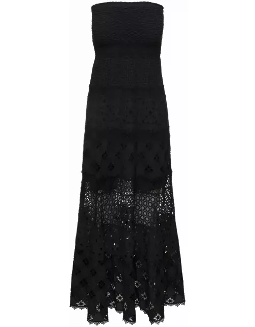 Temptation Positano belem Maxi Black Dress With Straight Neckline And Embroideries In Cotton Lace Woman
