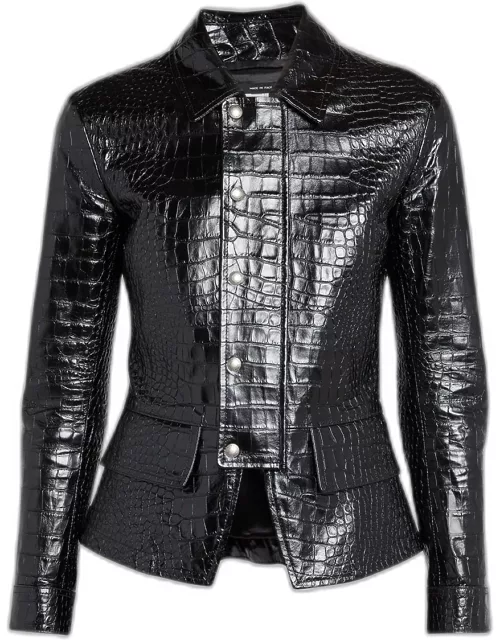 Croc-Embossed Fitted Leather Jacket