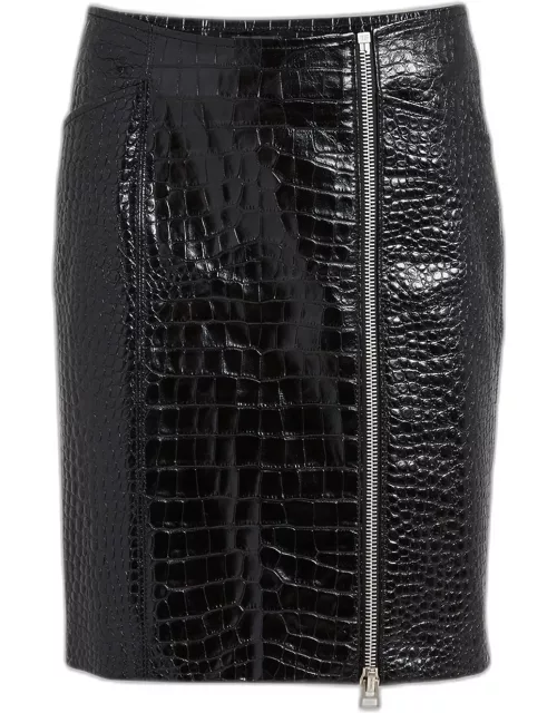 Croc-Embossed Leather Side Zip Skirt