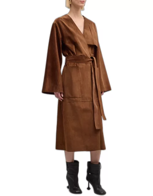 Belted Suede Leather Long Wrap Coat