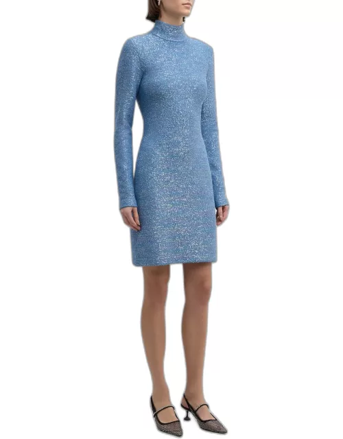Turtleneck Long-Sleeve Cutout Paillette Knit Mini Dres