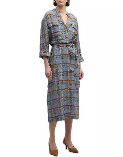 Crinkle Woven Plaid Jacquard Belted Midi Shirtdres