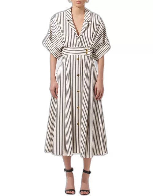 Striped Belted Shirtdress with Gold-Tone Button