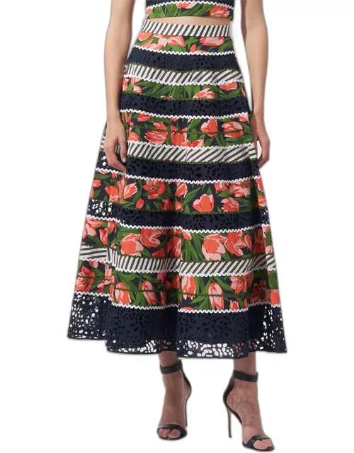 Floral and Striped Circle Skirt with Embroidered Detai