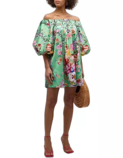 Off-Shoulder Puff-Sleeve Floral Mini Dres