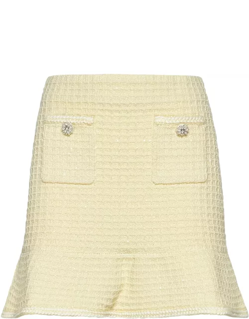 self-portrait Mini Yellow Skirt With Flounce And Jewel Buttons In Tweed Woman