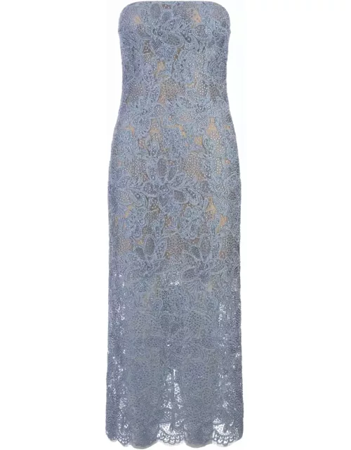 Ermanno Scervino Midi Dress In Light Blue Lace With Crystal