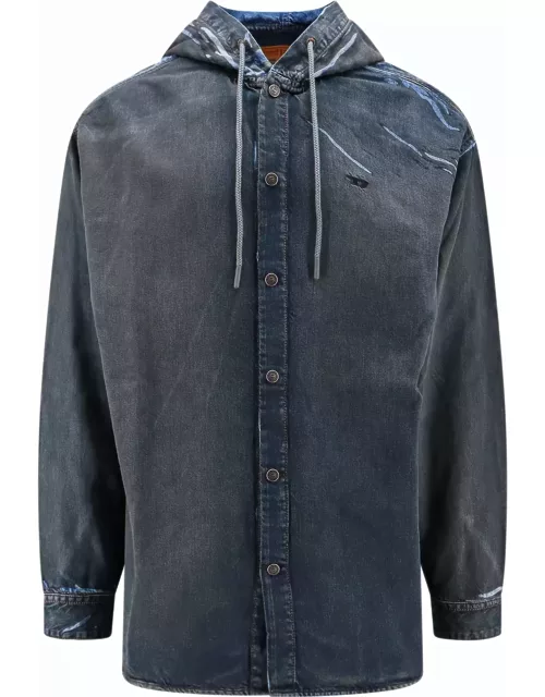 Diesel D-dewny-hood-s1 Blue Denim Hooded Shirt With Black Coating Detail - D Dewny Hood