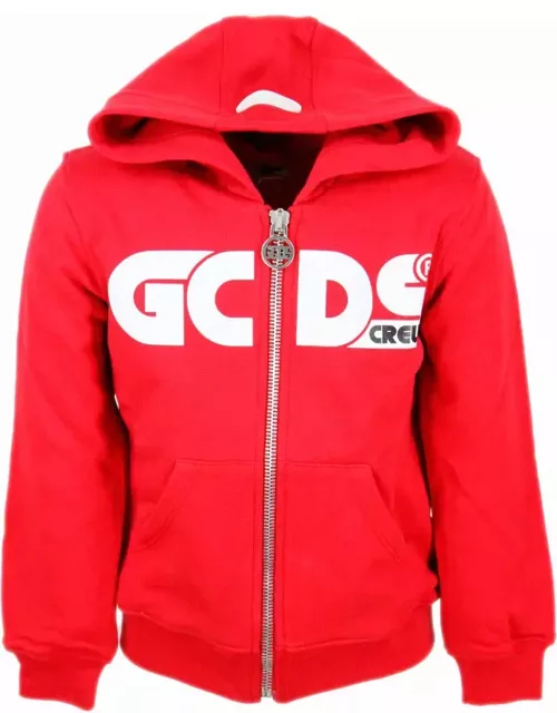 GCDS Hooded Sweatshirt With Zip And Fluo Writing