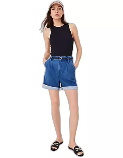 Ann Taylor AT Weekend Belted High Rise Denim Shorts in Bright Medium Stone Wash