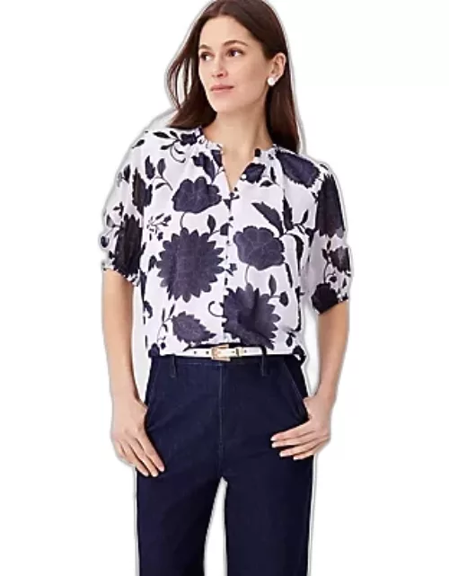 Ann Taylor Floral Mixed Media Ruffle Neck Top