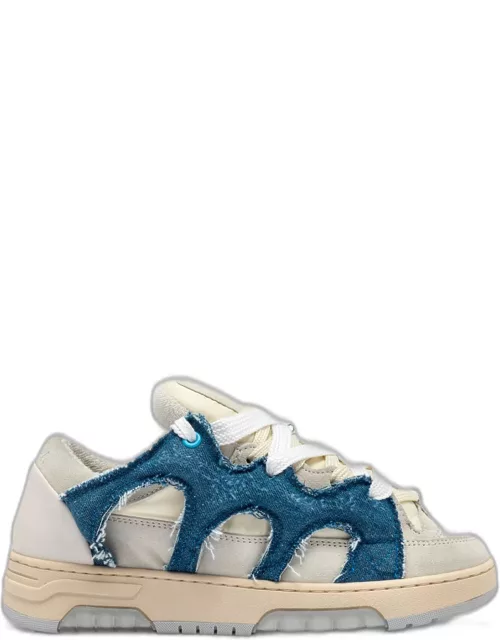 Paura Santha 1 Off white suede and blue denim low sneaker
