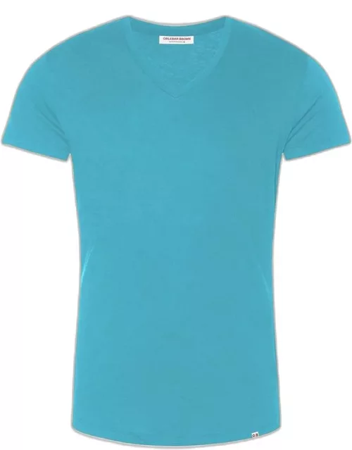 Ob-V - Tailored Fit V-neck T-Shirt In Aqua Blue