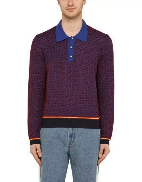 Red/blue/purple jacquard long-sleeved polo shirt