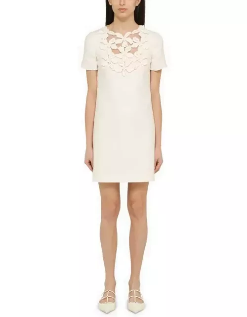 Ivory short dress in wool and silk with embroidery