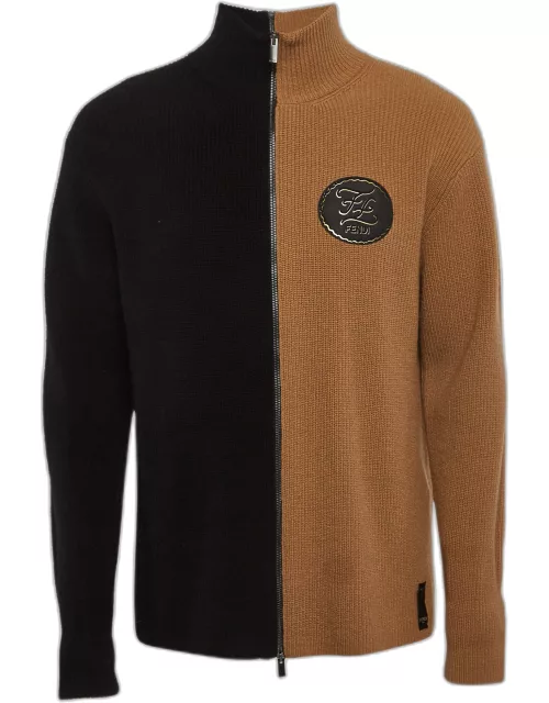 Fendi Beige/Black Rib Knit Applique Detail Double Zipper Sweater