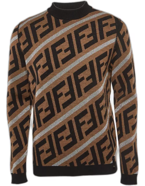 Fendi Brown FF Intarsia Lurex Knit Prints-On Sweater