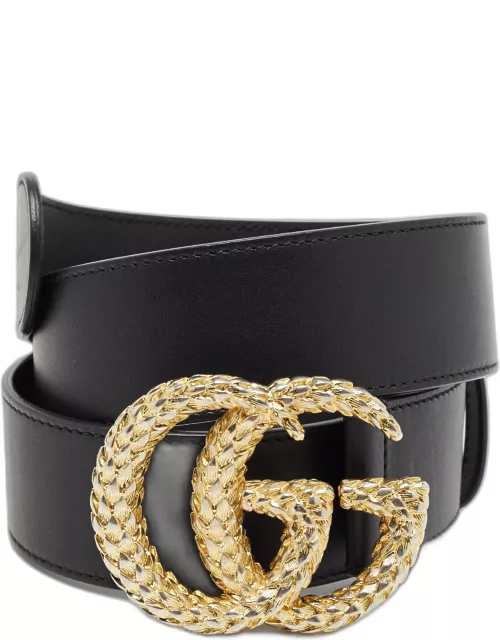 Gucci Black Leather Textured Double G Buckle Belt 85 C