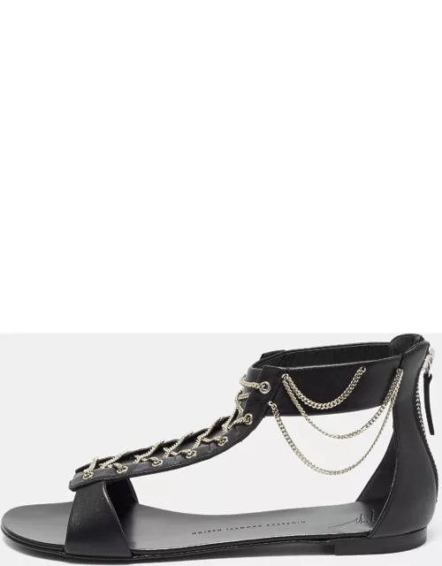 Giuseppe Zanotti Black Leather Roll Chain Flat Sandal