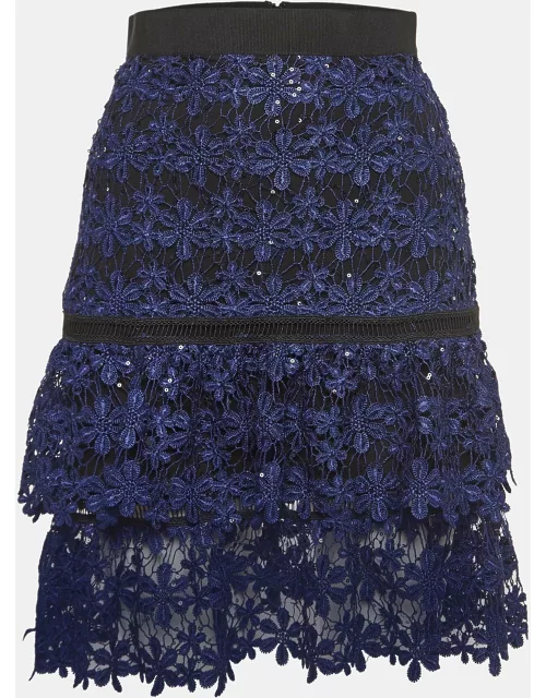 Self-Portrait Blue Floral Guipure Lace Sequin Embellished Tiered Skirt