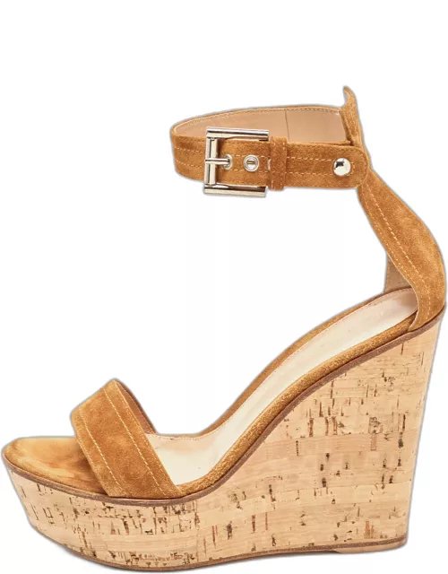 Gianvito Rossi Brown Suede Wedge Ankle Strap Sandal