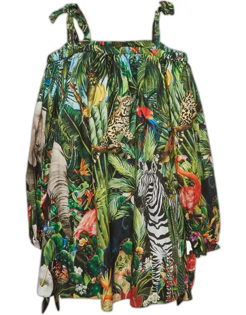 Dolce & Gabbana Green Braces and Jungle Print Poplin Cold Shoulder Mini Dress