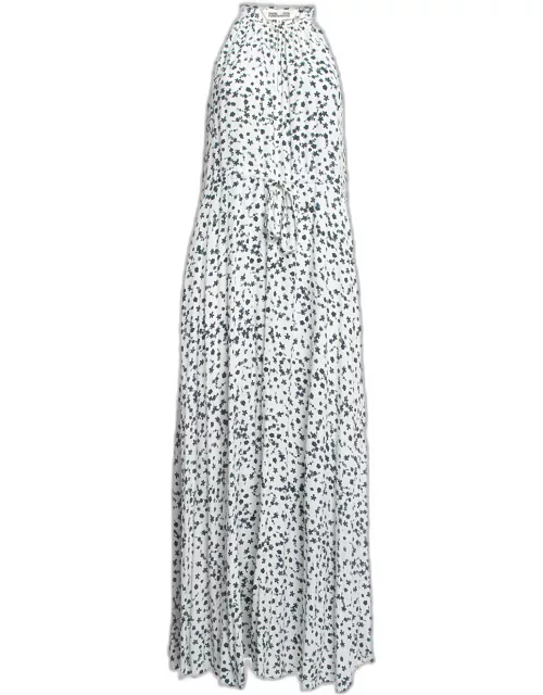 Diane Von Furstenberg White Floral Print Crepe Drawstring Waist Maxi Dress