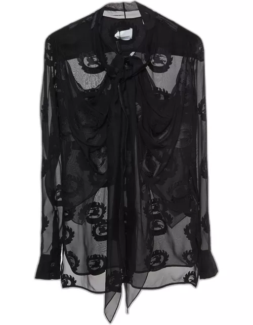 Burberry Black Logo Jacquard Silk Draped Style Sheer Shirt