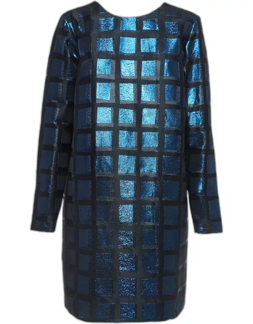 Kenzo Black & Blue Metallic Square Jacquard Shift Dress