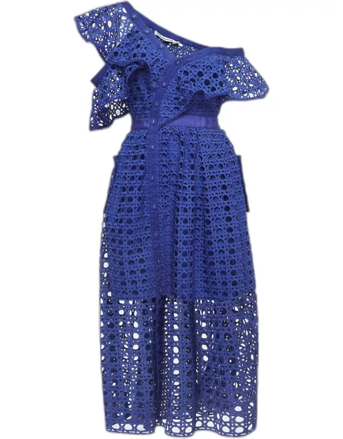 Self-Portrait Blue Guipure Lace One Shoulder Frill Midi Dress
