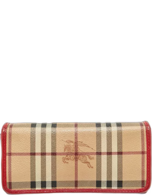 Burberry Red/Beige House Check Coated Canvas and Patent Leather Flap Continental Wallet