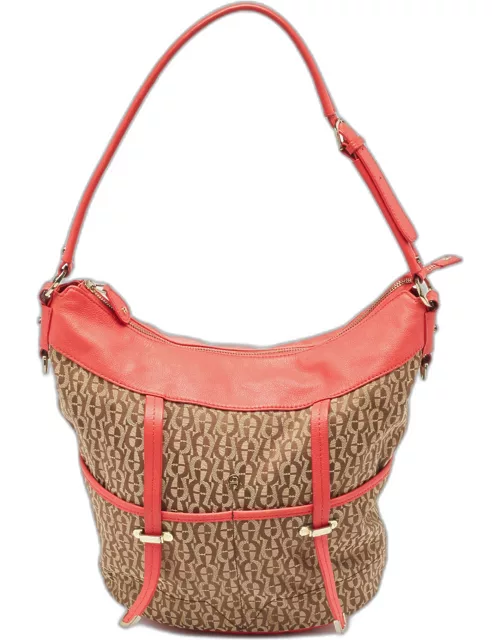 Aigner Coral/Brown Monogram Canvas and Leather Bucket Bag