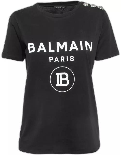 Balmain Black Logo Print Cotton Button Embellished T-Shirt